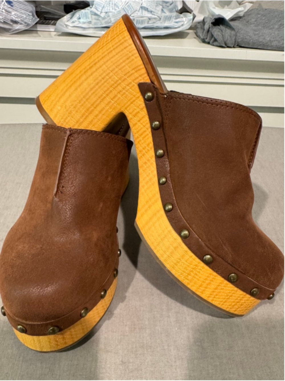 Women's MIA Brown Platform Clogs with Tan Wood Heel - Size 7.5 brass stud trim